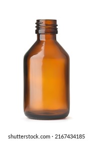 Front View Of Empty Amber Pharmacy Glass Bottle Isolated Isolated On White