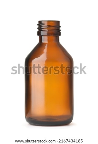 Front view of empty amber pharmacy glass bottle isolated isolated on white