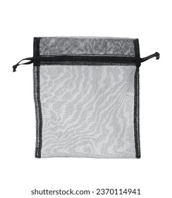 Front view of empty black mesh bag isolated on white