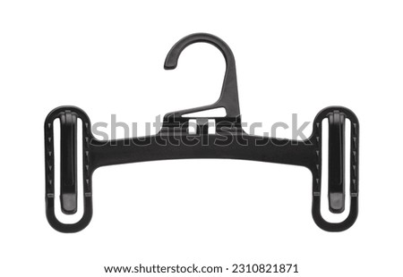 Front view of empty black plastic trouser hanger isolated on white