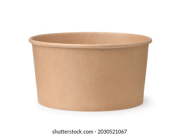 Front view of empty brown disposable paper bucket isolated on white
