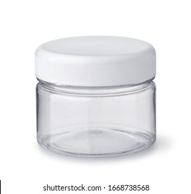 Front View Of Empty Clear Plastic Cosmetics Jar Isolated On White