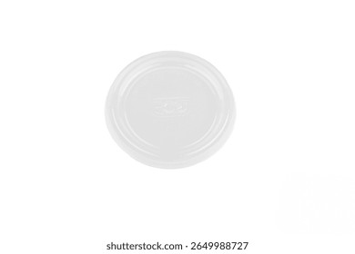 
Front view of an empty disposable transparent plastic cup lid isolated on white background