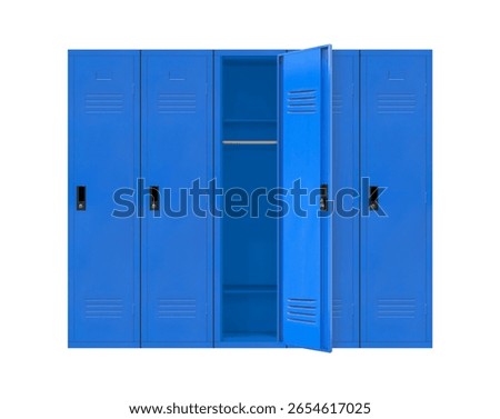 Front view empty five blue lockers in the high school. The door opens on the middle locker isolated on white background