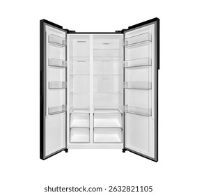 Front view empty modern side-by-side refrigerator with 2 doors opening isolated on white background