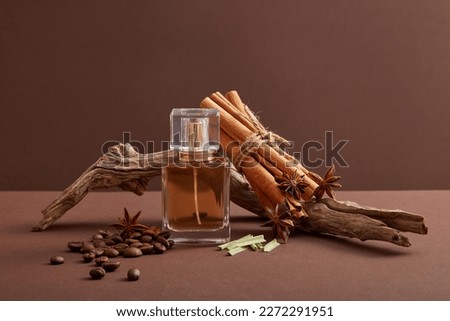 Front view of empty perfume bottle with cinnamon sticks, anise, coffee and dry twigs on dark background. Mockup scene for product of natural flavoring extract. Healthy herbs.