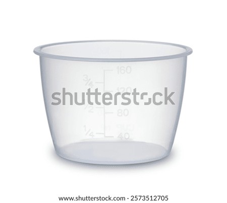 Front view of empty plastic measuring cup isolated on white