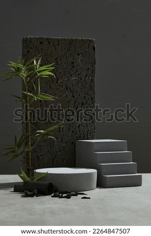 Front view of the empty podium for displays products. bamboo leaves, bamboo charcoal and stones as accents on black background. Minimal concept.