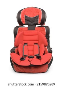 Front View Of Empty Red Baby Car Seat Isolated On White