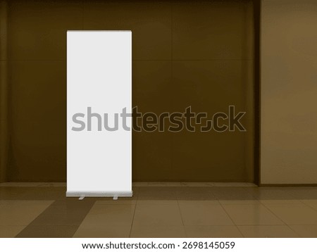 Front view Empty Roll up banner stands on the floor in the exhibition hall, with golden brown walls and floors that look luxurious.