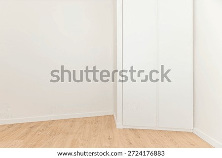 Front view of an empty room with neutral-colored walls, highlighting several minimalist white built-in wardrobes with long, thin, satin-finish aluminum handles