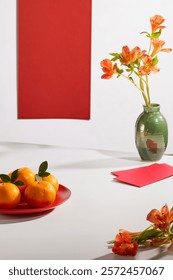 Front view of an empty space for displaying products, next to a vase of alstroemeria, mandarin oranges plates, red envelopes, and a red panel set in a white backdrop. Perfect for a New Year theme.