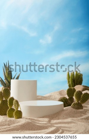 Front view of empty white round and cylinder podiums on the sand. Modern minimal showcase scene for cosmetic products promotion