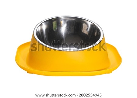 Front view of empty yellow water moat anti ant dog and cat food bowl isolated on white background with clipping path.