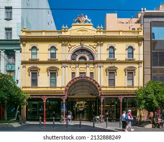 Front view of the facade of the Royal Arcade building in Bourke Street Mall. Melbourne, Victoria, Australia - February 2022.