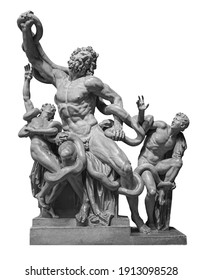 Front view of famous laocoon roman copy sculpture isolated on white background. Trojan Laocoon was strangled by sea snakes with his two sons