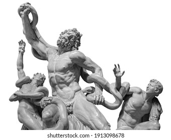Front view of famous laocoon roman copy sculpture isolated on white background. Trojan Laocoon was strangled by sea snakes with his two sons