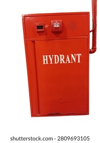 Front View Fire Hydrant Cabinet for Building Fire Protection Isolated on White Background. Red emergency hydrant cabinet with integrated alarm indicator and speaker opening, commonly installed in commercial buildings, factories, warehouses, and public facilities for fire safety infrastructure.