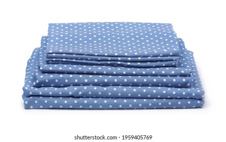 Front View Of Folded Blue Cotton Bedding Set Isolated On White