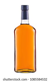 Front view full whiskey, cognac, brandy bottle isolated on white background with clipping path.