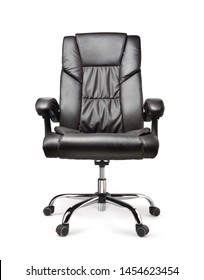 Front View Of Genuine Leather Office Chair For Executive Officer, Isolated On White Background With Clipping Path.