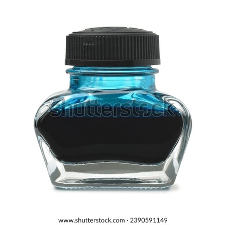 Front view of glass inkwell with blue ink isolated on white