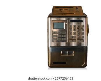 front view gold metal Mini ATM on white background, technology, object, fashion, decor,  decoration, copy space