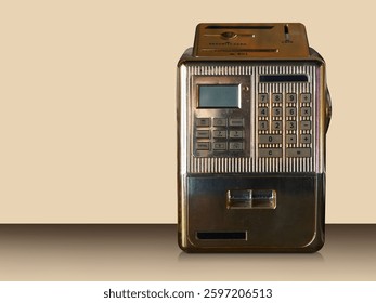 front view gold metal Mini ATM on gradient brown floor, cream wall background, technology, object, fashion, decor,  decoration, copy space