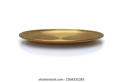 Front view of golden plate isolated on white background. Empty gold round flat plate with shadow. Mock up template for food poster design.