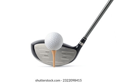 Front view of golf ball on tee with driver head golf club No.1 with graphite shaft isolated on white background.  - Powered by Shutterstock