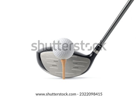 Front view of golf ball on tee with driver head golf club No.1 with graphite shaft isolated on white background. 