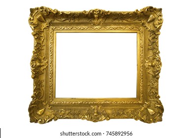 Front View Of A Gothic Picture Frame Made Of Gold, Background Is White And Clipping Path Is Present.