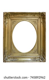 Front View Of A Gothic Picture Frame Made Of Gold, Background Is White And Clipping Path Is Present.