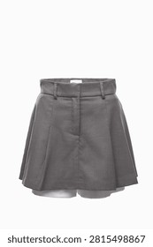 Front view of gray pleated mini skirt isolated on white background. Fashion apparel product image ideal for online stores, clothing catalogs, retail advertising, e-commerce listings and brand marketing materials
