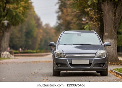 Front view of gray shiny empty car parked in quiet area on wide alley under big trees on blurred green and yellow folliage bokeh background on bright sunny day. Transportation and parking concept.