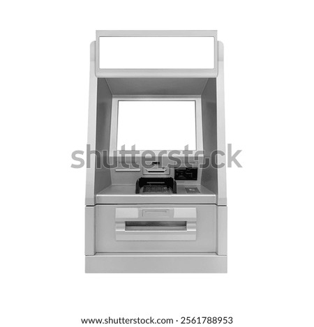 Front view Gray wall mounted ATM machine with Empty screen, Empty lightbox banner isolated on white background