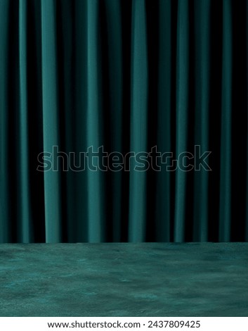 front view green backdrop, table and curtains, for food backdrop or cosmastic, food background, cosmetic background, green stone texture background.