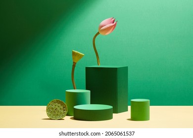 Front view of green circle , square podium with pink , green lotus in green background and blank space for advertising 