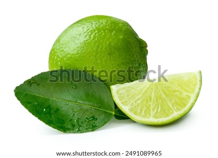 Front view of green lemon fruit with slice or quarter and green leaf is isolated on white background with clipping path.