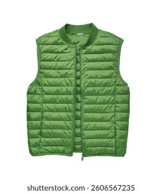 Front view of green lightweight down vest isolated on white