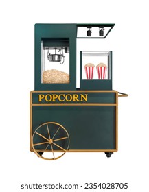 Front view Green Popcorn Machine Cart isolated on white background