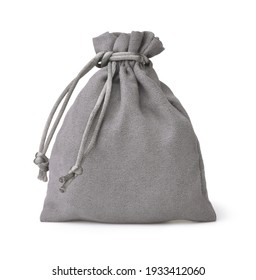 Front view of grey fabric drawstring gift bag isolated on white