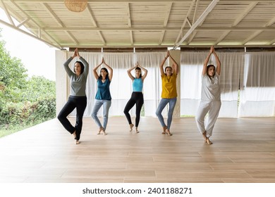 front view of group of multi generational women in a yoga balance class - Powered by Shutterstock