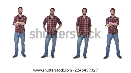 front view of group of same man in checkered shirt on white background