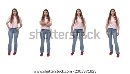front view of a group same young girl standing on white background