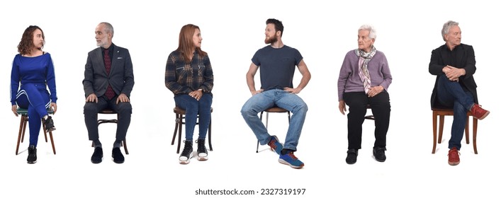 front view of a group of woman and woman sitting and looking away on whilte background - Shutterstock ID 2327319197