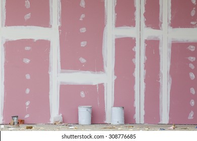 Front View Of Gypsum Wall With Joints At Building Site