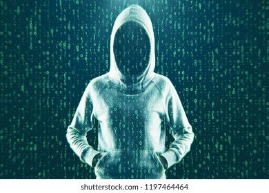 Front view of hacker with hood on abstract binary code background. Attack and virus concept. Double exposure 