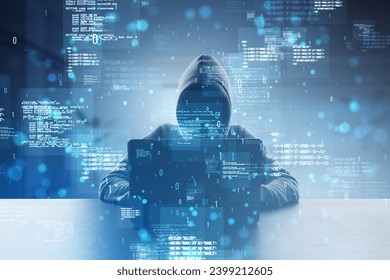 Front view of hacker using laptop at desk with creative binary coding hologram on blurry background. Software programming code and hacking. Double exposure