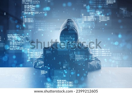 Front view of hacker using laptop at desk with creative binary coding hologram on blurry background. Software programming code and hacking. Double exposure